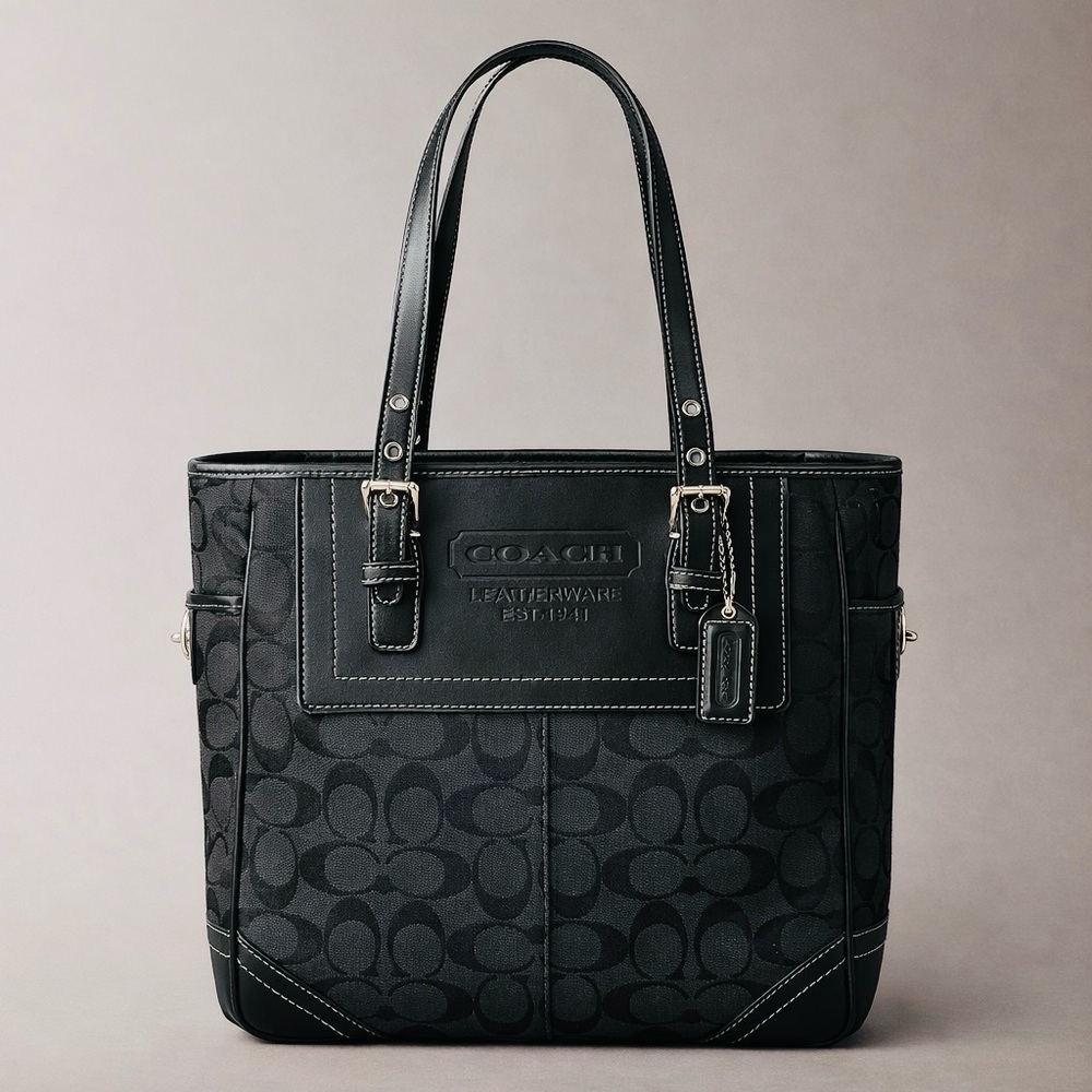 Vintage COACH Legacy Signature Black Canvas/Leather Medium Tote Bag - Turnlock